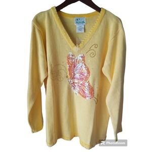 QUACKER FACTORY Womens Yellow Sweater w/‎ Sequin & Bead Embellishments Sz L NWT
